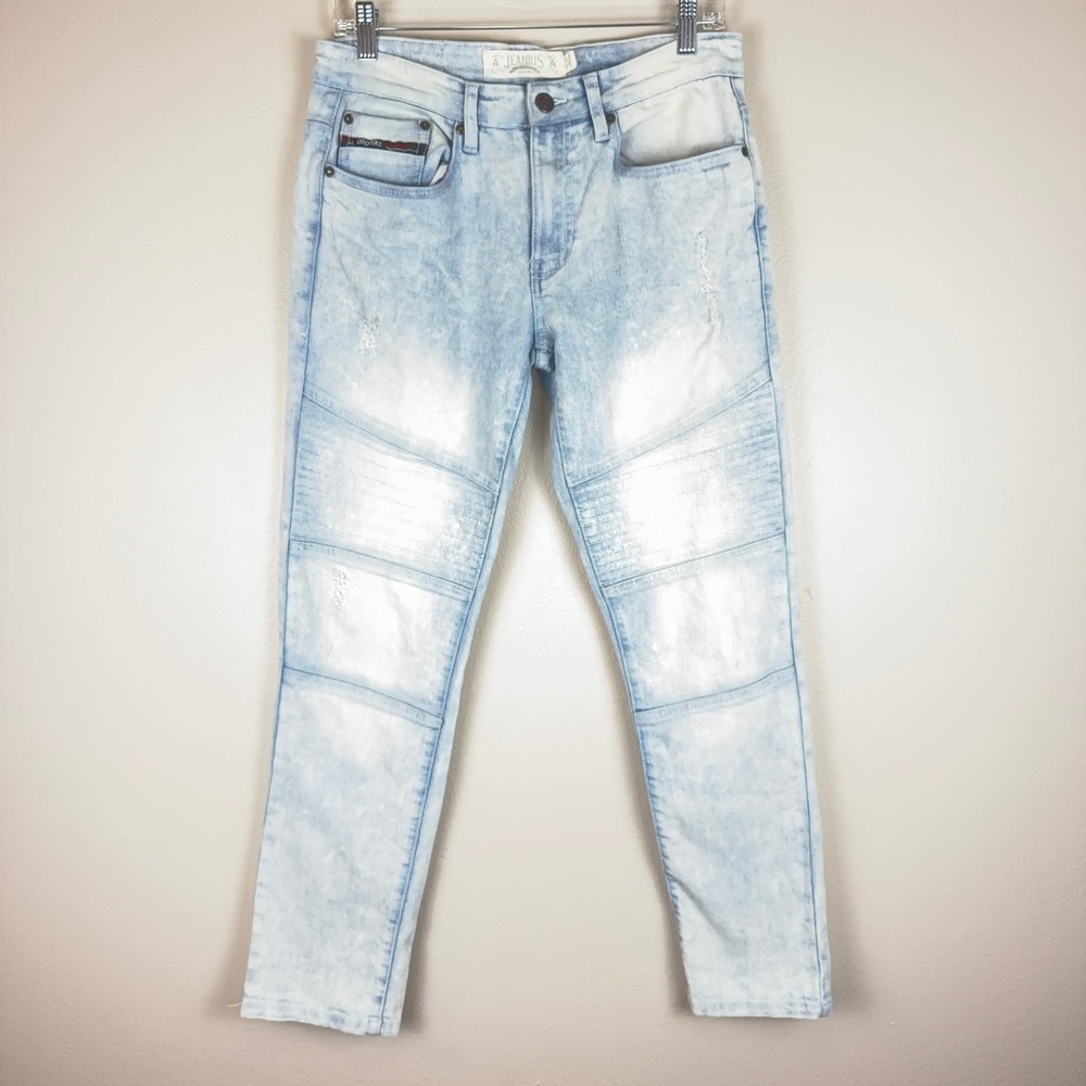 Akademiks Jeanius Mens 30x30 Acid Wash Distressed Moto Slim Tapered Jeans Blue